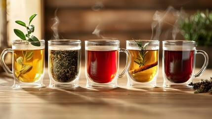 glass cup of tea with different herbal tea