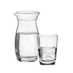 A stylish glass pitcher and matching glass displaying refreshing water ready for serving in a beautiful dining setting isolated on transparent background..