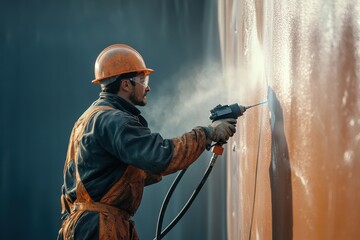 Fototapeta premium A man operating a spray gun for coating steel roof tanks