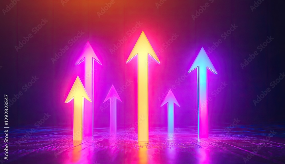 Poster neon arrows pointing upward in dark studio