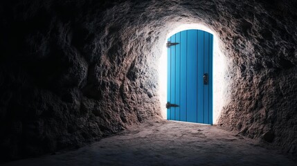 Obraz premium Cavernous underground tunnel with an eerie open blue door, glowing in the darkness