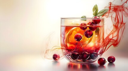 Transparent glass cup with hot red fruit tea