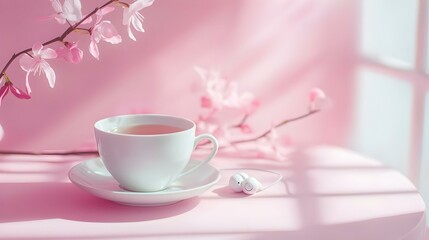 Fototapeta premium Tea cup audiohealing stress relief and earphones