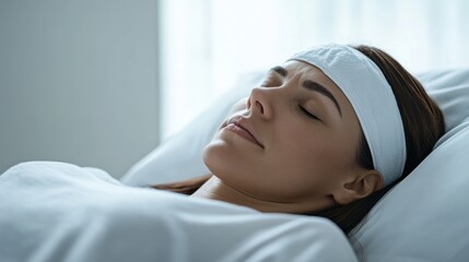 Hypertension patient resting with a cool compress on their forehead. Featuring relaxation and self-care