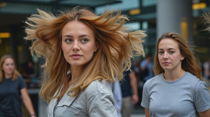 Fototapeta premium Walking meetings with two women with long hair in city setting. One woman's hair blows wildly in wind, adding dynamic energy to confident teamwork and professional discussion outdoors.