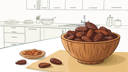 Dates in wooden bowl in kitchen illustration vector design, Dates Illustration vector design