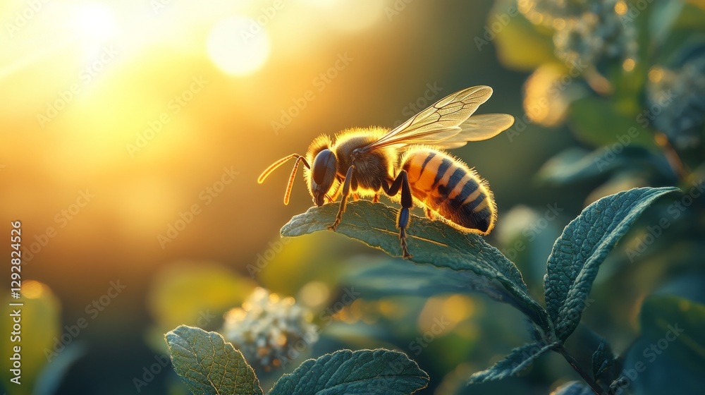 Poster bee on leaf with sunlight in background, close-up view. nature and pollination concept