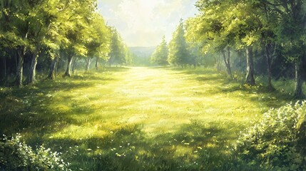 Obraz premium Sunlit Green Forest Meadow Landscape