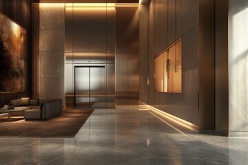 A modern elevator lobby featuring sleek design metallic doors and a warm wood entrance