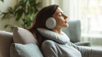Hypertension patient resting with a heating pad in a minimalist living room. Featuring stress relief and comfort
