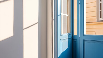 Fototapeta premium Charming Parisian balcony with an open blue door, soft morning sunlight streaming in