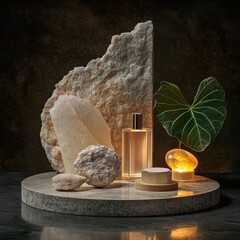 Natural stone perfume display, illuminated