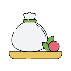 Mozzarella Cheese Bag Icon Flat design, a cheese sack with basil and tomato, great for Italian food labels and menus.
