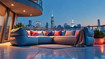 A large city with a large building in the middle. The city is lit up at night. A large couch is on a balcony overlooking the city