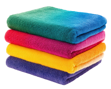Vibrant beach towels stacked neatly, showcasing bright colors like blue, pink, yellow, and purple, perfect for summer fun and relaxation by water