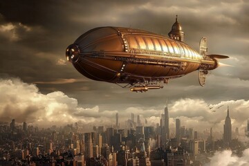 Naklejka premium A captivating steampunk landscape featuring an airship soaring through the clouds.