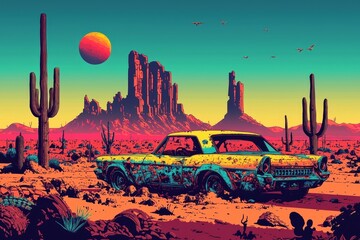 A digital illustration featuring a deteriorated vehicle amidst cacti.