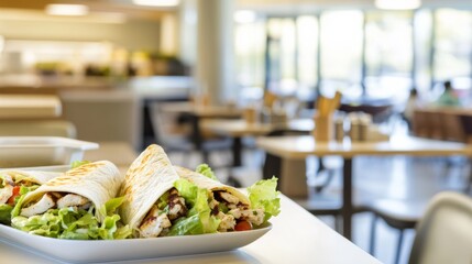 School cafeteria with students eating chicken Caesar wraps. Featuring grilled chicken, lettuce, and Caesar dressing