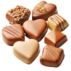 Fototapeta premium Assortment of delicious chocolates in various shapes and flavors perfect for gifting or indulging any time of year isolated on transparent background..