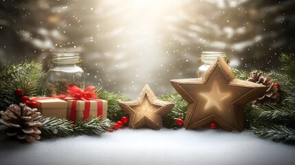 Festive Christmas Decorations with Snowy Background Featuring Pinecones, Stars, and Gifts