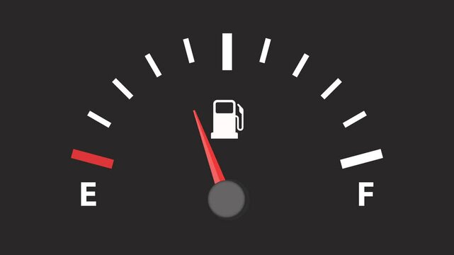 Fuel gauge goes down from full to empty animation with gas level indicator and a red warning
