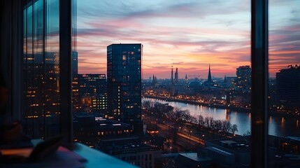 Fototapeta premium Stunning Cityscape at Sunset Viewed from Modern Window Urban Panorama River Twilight