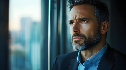Fototapeta premium gazing out of the office window, with a gloomy expression, reflecting on the negative impact of recent business challenges 