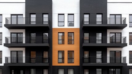 Fototapeta premium Modern apartment building facade, urban setting, balconies, minimalist design, architectural photography