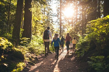 A family enjoys a sunny day at the national park, exploring nature trails, taking photos, and sharing laughter among the towering trees.