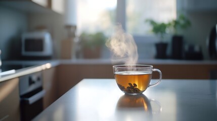 Hypertension patient sipping herbal tea in a cozy kitchen. Featuring natural remedies and stress relief