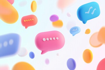 Colorful floating speech bubbles in varied styles illustrate diverse communication themes within a sleek, minimalist design that highlights clarity and innovation, perfect for digital media.