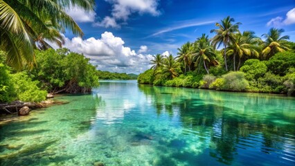 Obraz premium Serene Tropical River Surrounded by Lush Greenery and Blue Sky