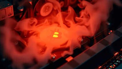 Mining farm with gears, chips, glow in the dark.