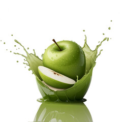 Fresh Green Apple Splash with Half-Cut Apple in Green Juice on Transparent Background