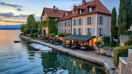 Obraz premium Charming Lakeside Houses and Restaurant at Sunset with Calm Waters and Scenic Reflections