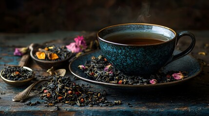 Beautiful earl grey tea in a teacup with copy