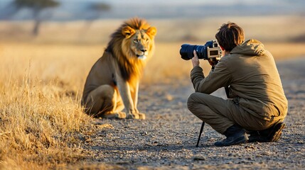 A wildlife photographer patiently crouches with a high-quality camera, poised to capture the perfect shot of a majestic animal in a remote setting.