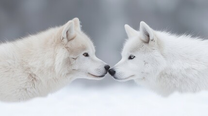 Obraz premium Two white wolves noses touching in snowy forest. Possible use nature, wildlife, animals, winter