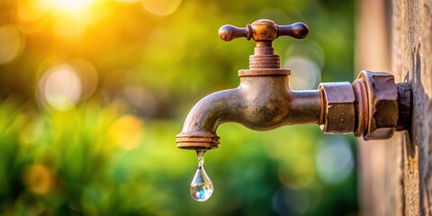 A single dripping water droplet falls from a rusty outdoor faucet with the drips merging into a small puddle on a hot summer day, nature photography, fountain water