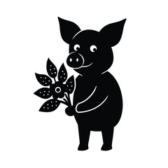 Happy Piglet Holding Flowers, Black Silhouette Illustration, Cute Cartoon