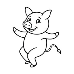 Happy Jumping Pig Cartoon, Line Art, Coloring Page, Childrens Illustration