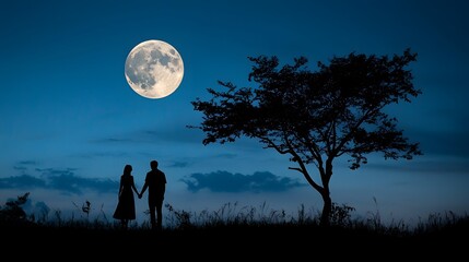 Silhouetted Couple Embracing Under a Radiant Full Moon in a Romantic Night Scene