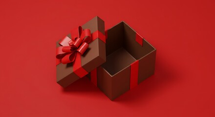 Obraz premium Top view of open gift box or present box with red ribbon and bow on red background with shadow 3D rendering