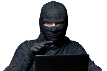 Cybercriminal in Black Mask Using Laptop Isolated on Transparent Background – Concept of Hacking, Cybersecurity, and Online Fraud