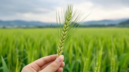 Close up hand holding barley rice in the field 