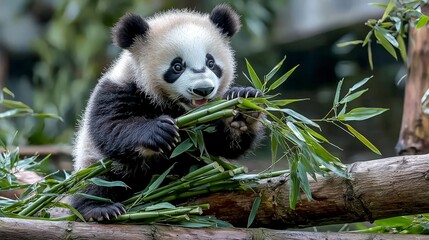 Playful baby panda chewing bamboo in lush forest nature scene close-up whimsical atmosphere