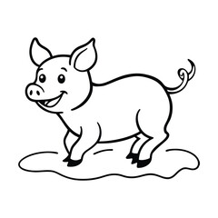 Happy Cartoon Piglet Farm Animal Line Art Illustration