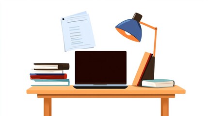 Organized Workspace: Laptop, Books, Lamp, and Documents on a Wooden Desk