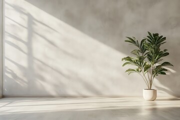 A skillfully designed vacant space showcasing a plant against a light cement wall with premium realistic architectural finishes and smooth concrete panels
