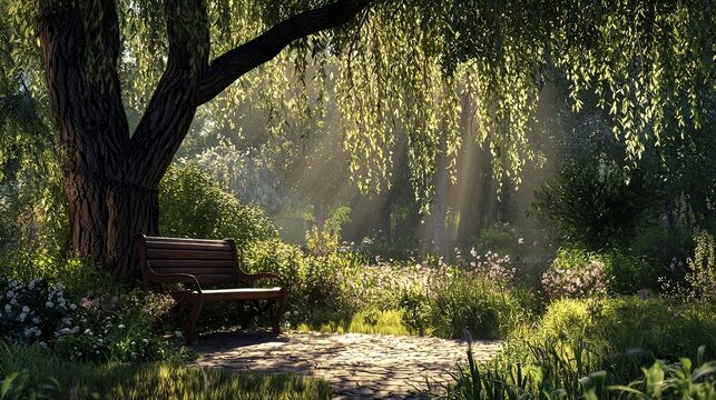 Serene park bench under weeping willow tree, sunlit garden path, lush foliage.